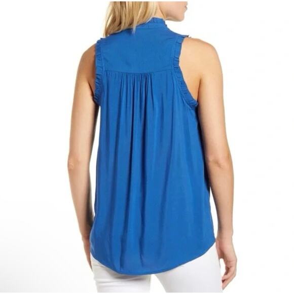 Gibson Blue Sleeveless Ruffle Sleeve Button Down Top - Small - Picture 3 of 11